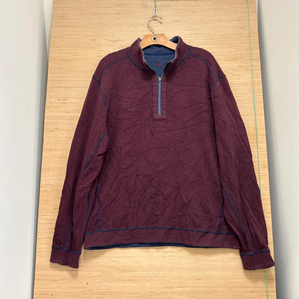 Tommy Bahama Mens Reversible Quarter Zip Pullover Burgundy Blue Marl Marlin Logo
